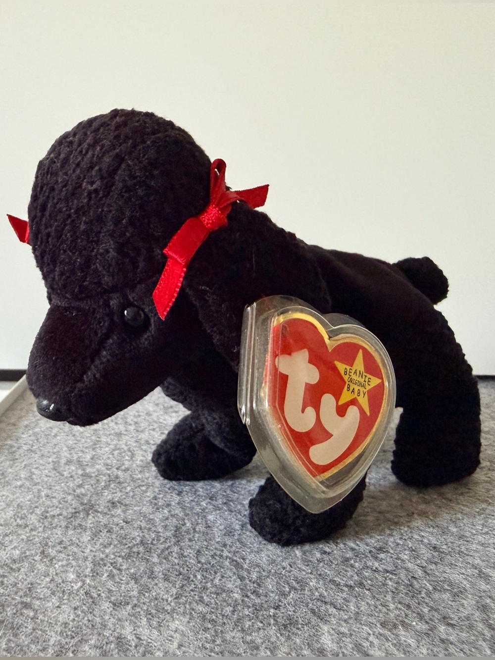 TY Beanie Baby GiGi Poodle Black 1998 Retired Plush Red Ribbons w/ Tags